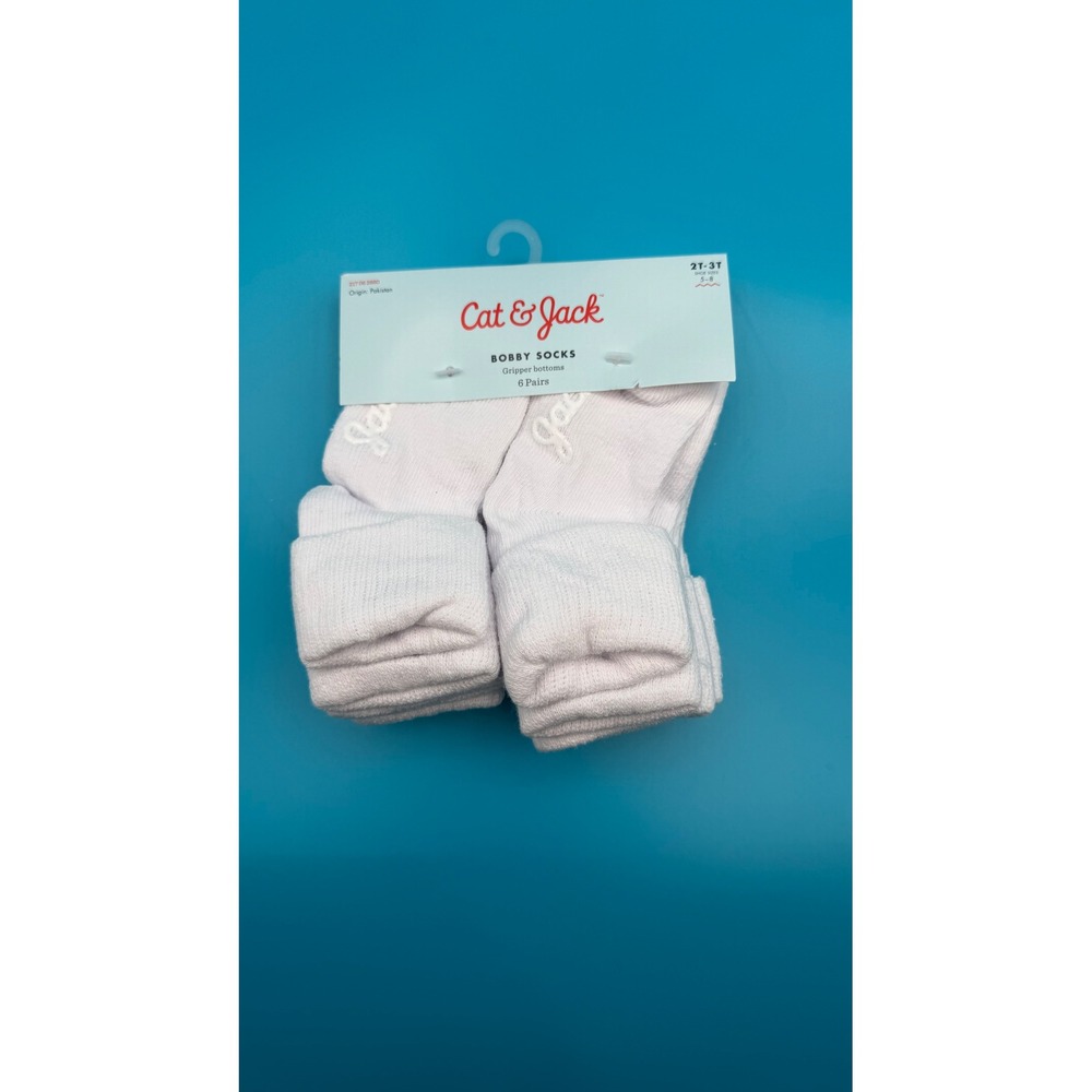 Cat & Jack Bobby Socks Toddler 2T-3T White New 6 Pairs Gripper Bottoms